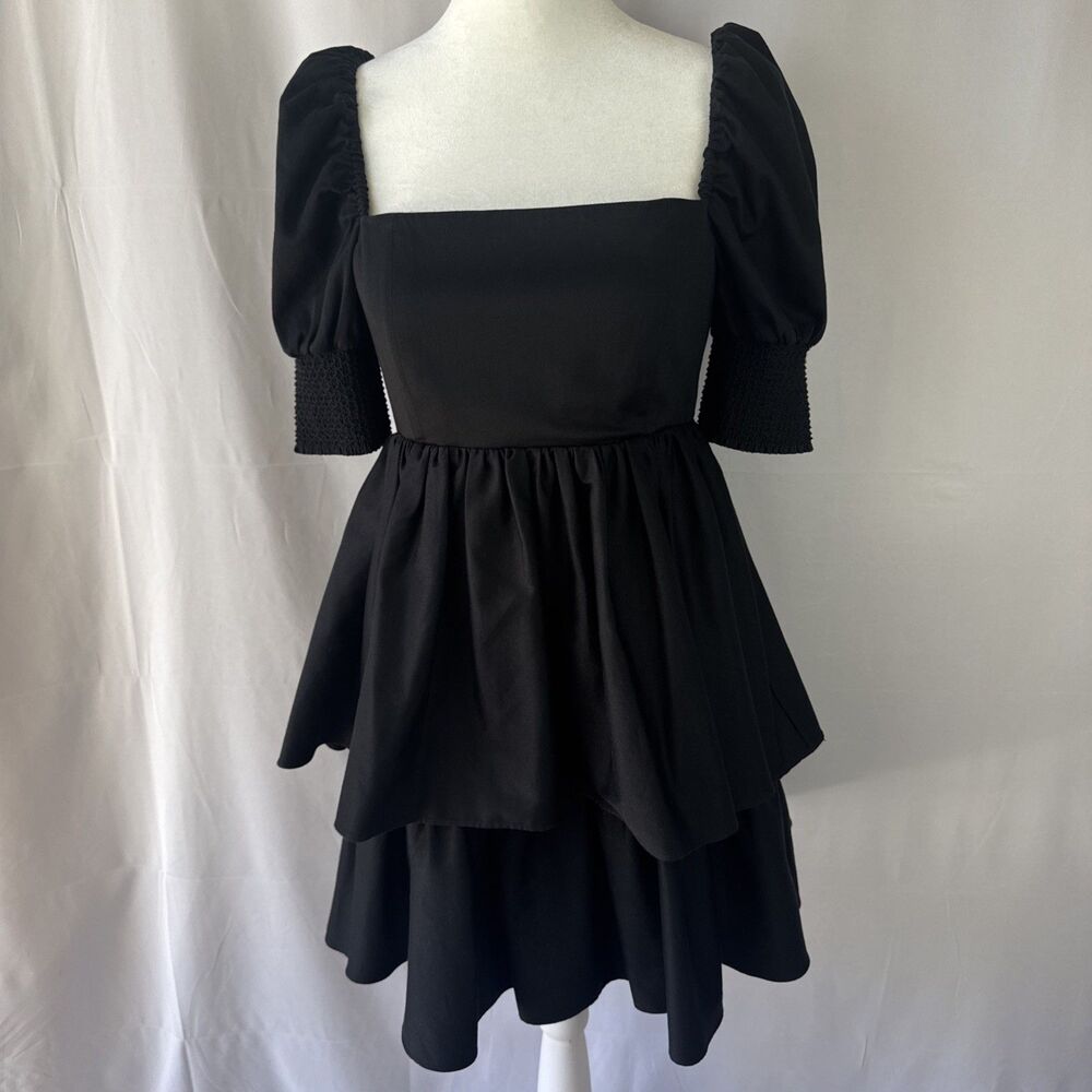 Alice + Olivia Dress Women's Sz 2 Black Emmalou Puff-Sleeve Tiered Mini Ruffle